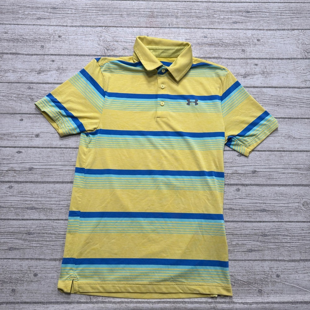 Under Armour Polo Shirt Men's XS Yellow Blue Striped HeatGear Loose Fit Athletic